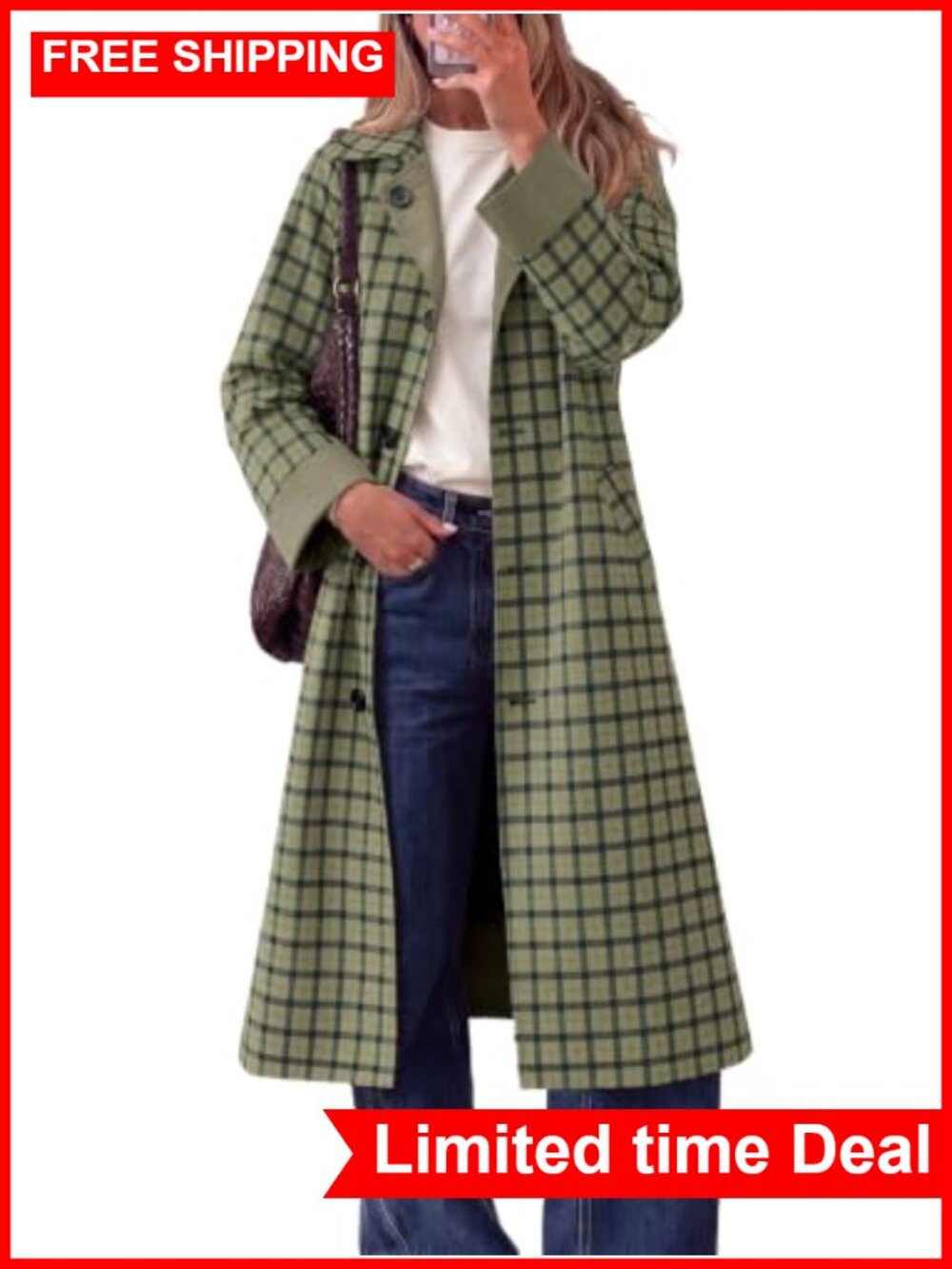 Plaid Reversible Long Trench Coat Windproof Overcoat Button Front